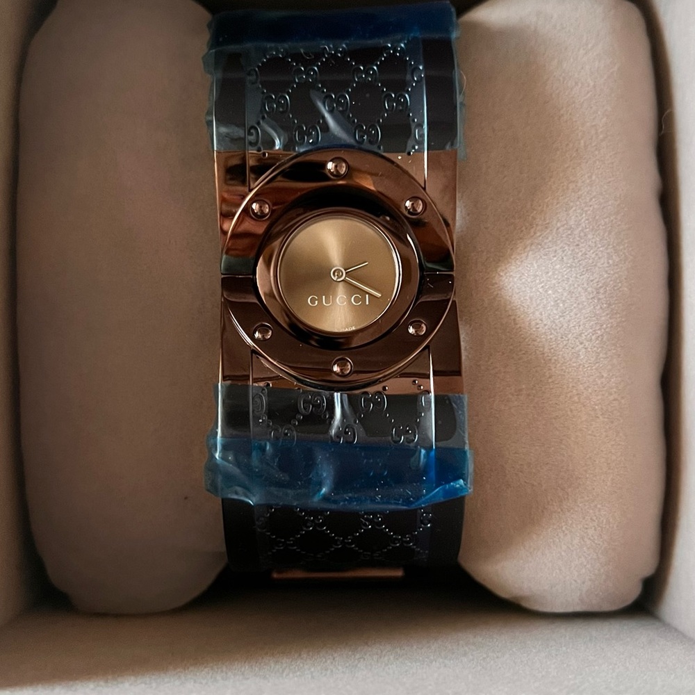 New** Gucci GG brown metallic web print watch & bracelet